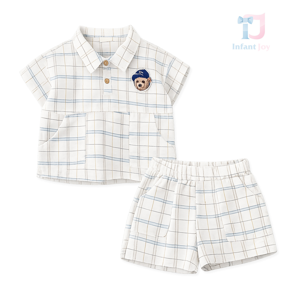 Set de 2 piese tricou cu guler clasic, broderie și pantaloni scurți Baseball Boy