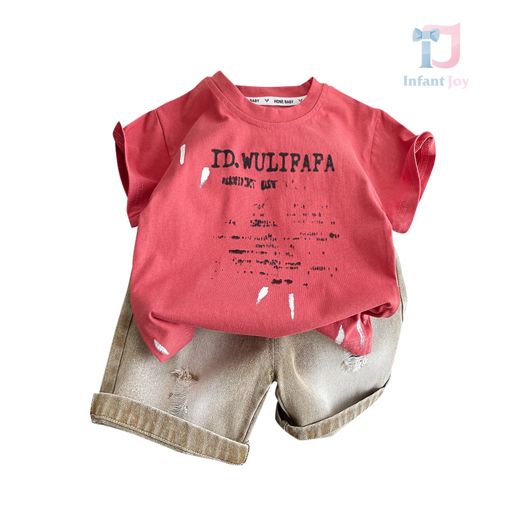 Set de 2 piese modern din tricou și pantaloni scurți din denim cu zone uzate Fafa Red