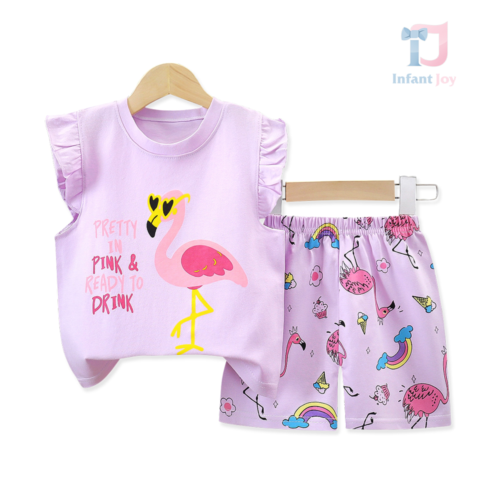 Set de 2 piese top cu imprimeu, volane și pantaloni scurți cu model Magic Flamingo
