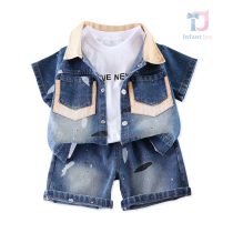 Set de 3 piese din denim din cămașă cu guler clasic, tricou și pantaloni scurți Mini Vanguard