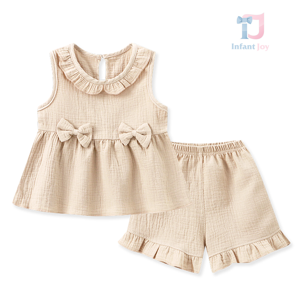 Set de 2 piese din muselină cu top cu volane, funde și pantaloni scurți Nude Harmony