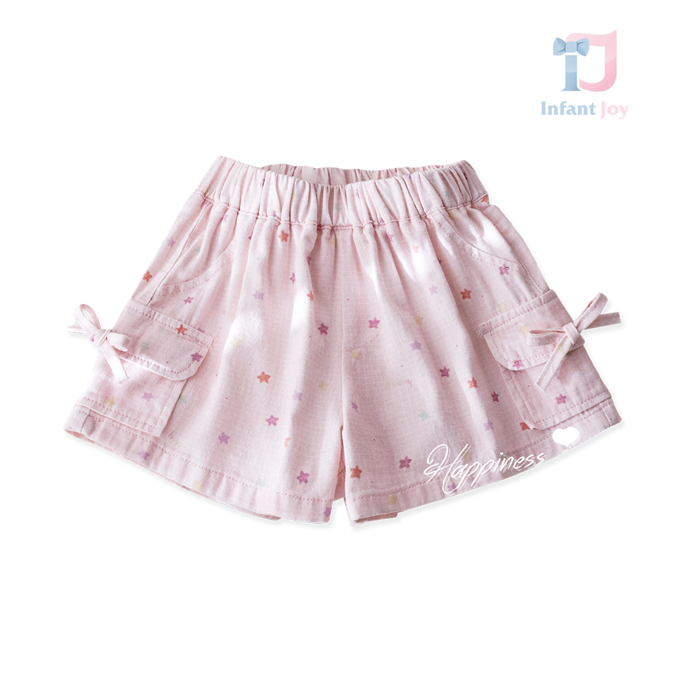 Pantaloni scurți cu buzunare, funde 3D și imprimeu cu steluțe Pinky Star