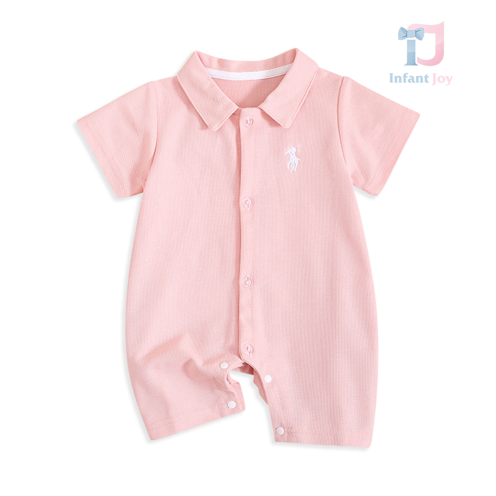 Salopetă cu guler clasic, broderie și capse Baby Polo Pink
