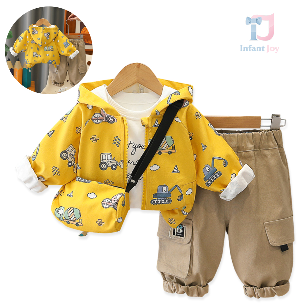 Set de 4 piese hanorac cu glugă, bluză, pantaloni cargo și geantă de umăr Little Builder Yellow