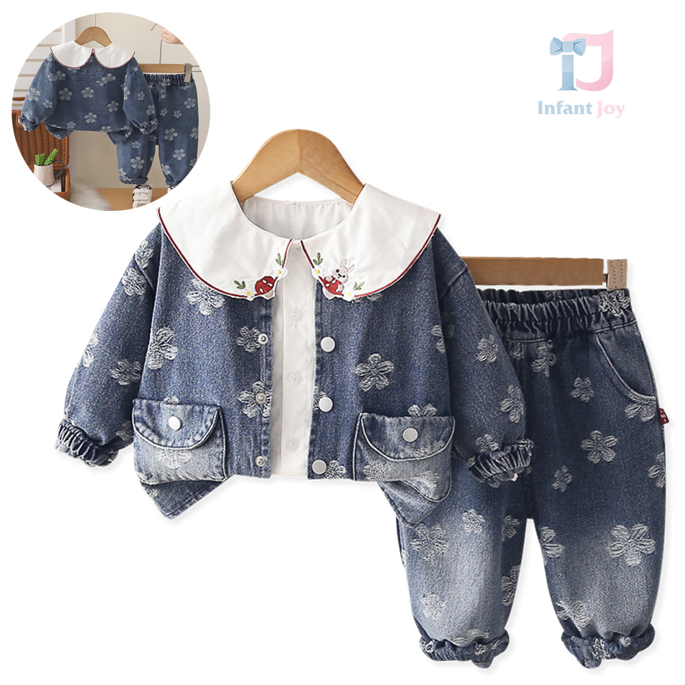 Set de 3 piese jachetă din denim cu model de efect, cămașă cu guler atractiv și pantaloni Delicate Flower