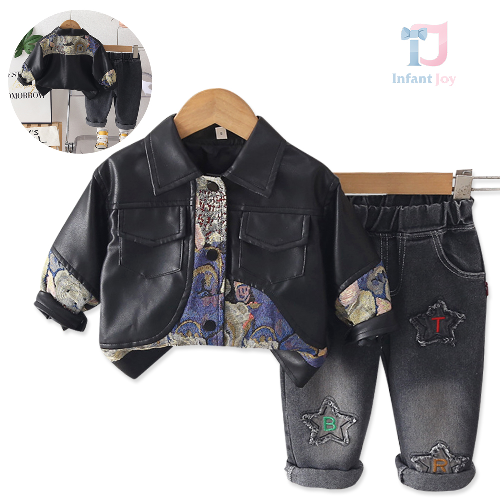 Set de 2 piese modern cu jachetă din piele ecologică, elemente melanj și pantaloni din denim cu broderii Downtown Kid