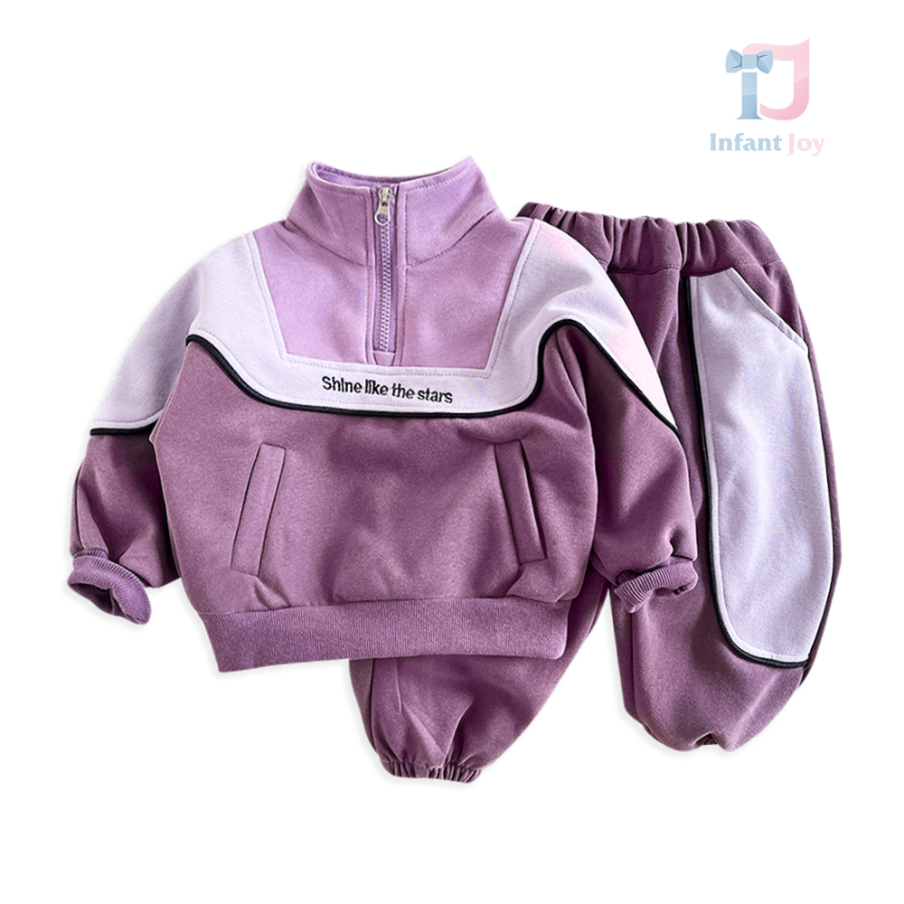 Set de 2 piese sport din bluză/sweatshirt cu guler înalt, fermoar pe jumătate, broderie și pantaloni Shine Lilac