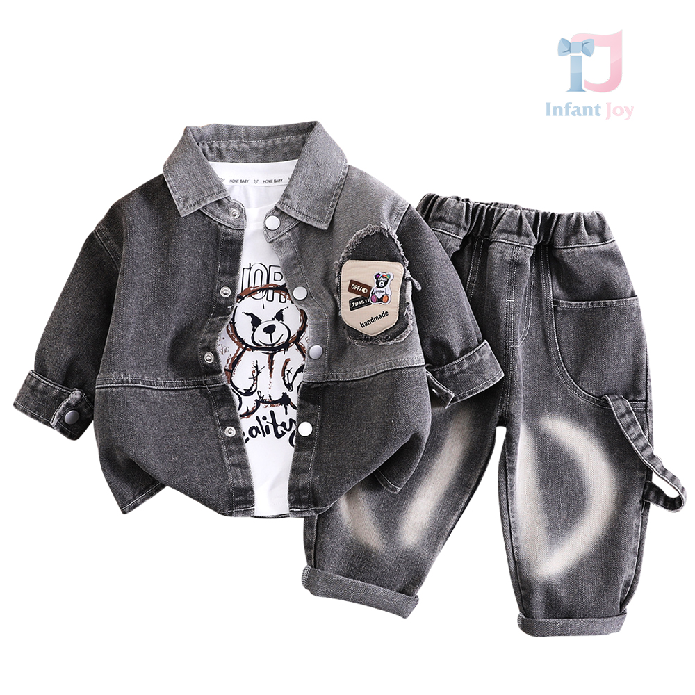 Set de 3 piese denim din cămașă cu guler clasic, bluză cu imprimeu și pantaloni Play Boldly Grey
