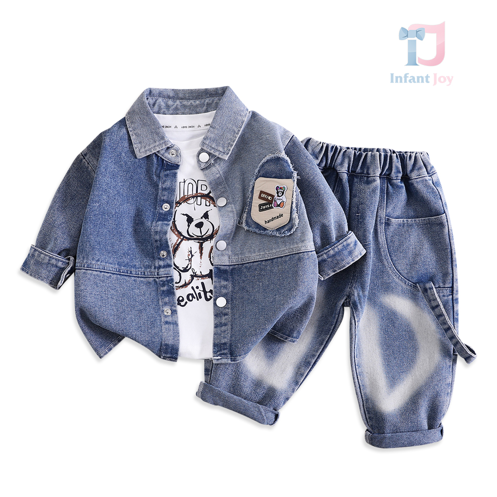 Set de 3 piese din denim din cămașă cu guler clasic, bluză cu imprimeu și pantaloni Play Boldly