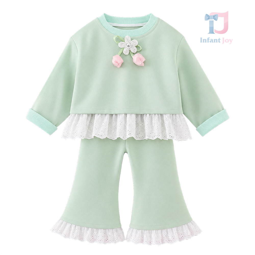 Set de 3 piese cu bluză cu volane, pantaloni și broșă Green Marshmallow