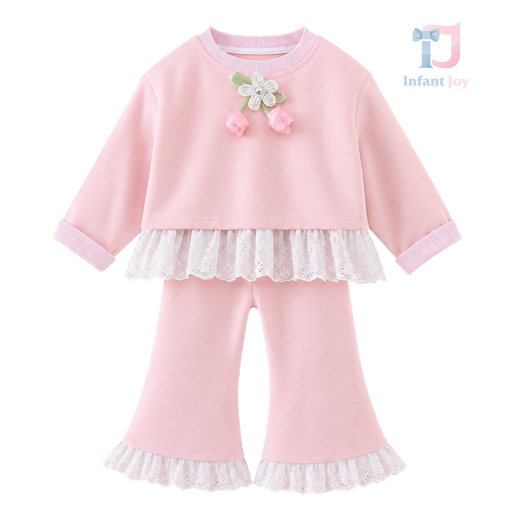 Set de 3 piese cu bluză cu volane, pantaloni și broșă Pink Marshmallow