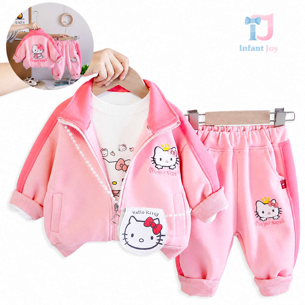 Set de 4 piese sport din sweatshirt cu broderie, bluză cu imprimeu, pantaloni și geantă de umăr Poppy Love Pink