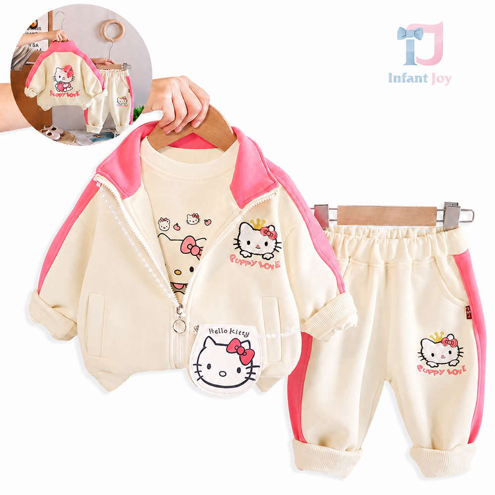 Set de 4 piese sport din hanorac cu broderie, bluză cu imprimeu, pantaloni și gentuță de umăr Poppy Love