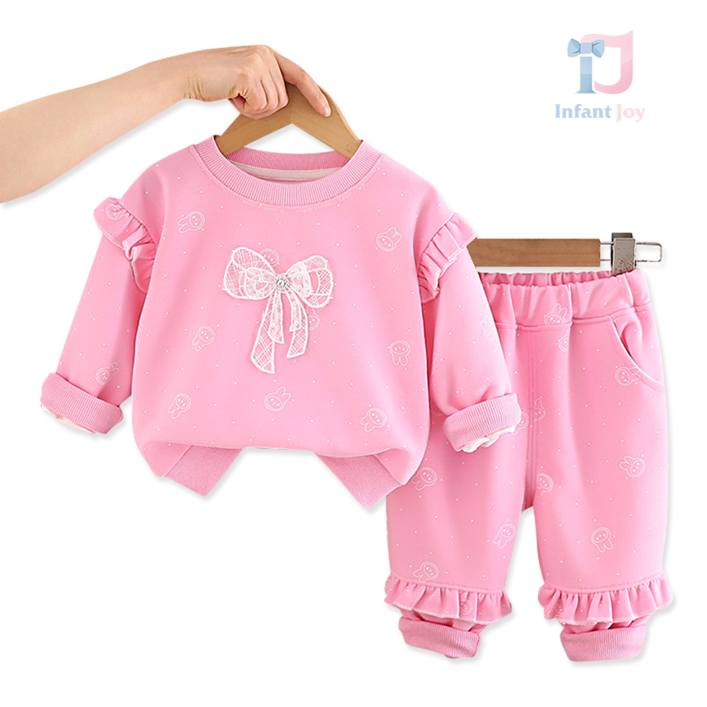 Set de 2 piese bluză cu fundă 3D, volane și pantaloni Diamond Ribbon Pink