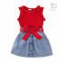 Set de 3 piese din top din rib cu volane, fustă din denim și curea decorativă Éclair Red