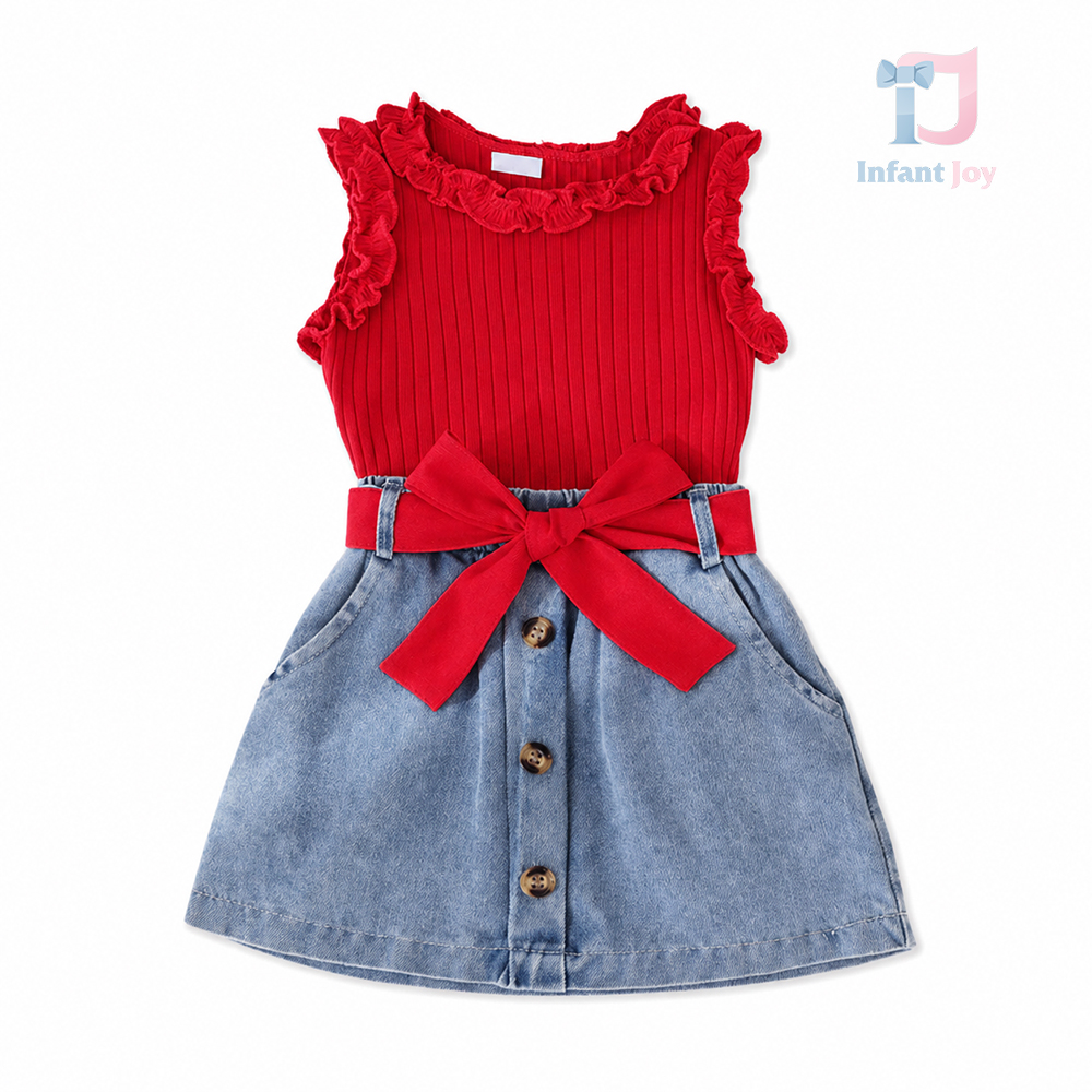 Set de 3 piese din top din rib cu volane, fustă din denim și curea decorativă Éclair Red