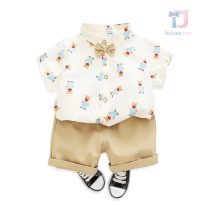 Set de 2 piese elegant din cămașă cu imprimeu cu ursuleți, papion cusut și pantaloni scurți Classic Teddy