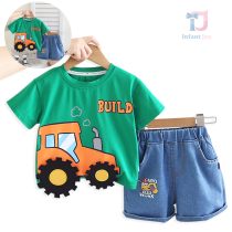 Set de 2 piese tricou cu elemente 3D și pantaloni scurți din denim Tractor Denim Build Green
