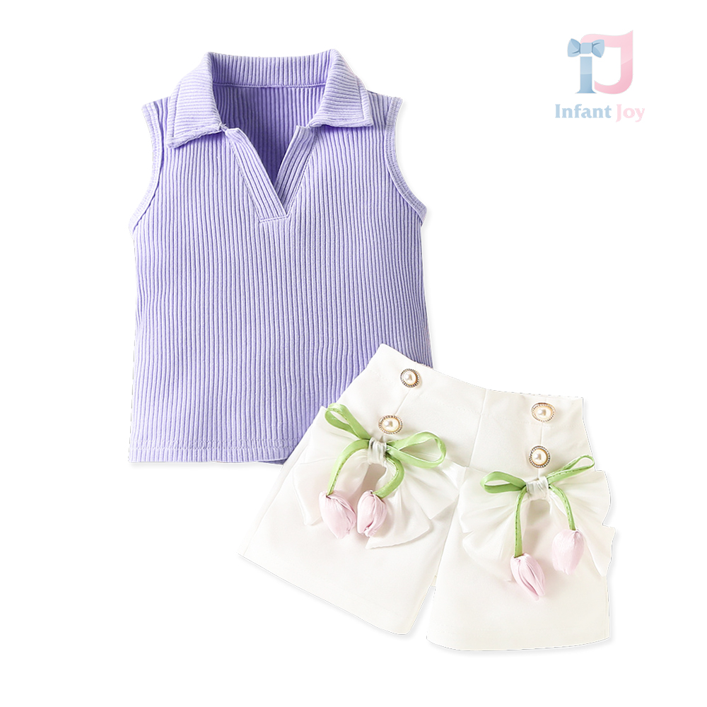 Set de 2 piese din top rib și pantaloni scurți cu elemente 3D și nasturi perlați Lavender Tulip