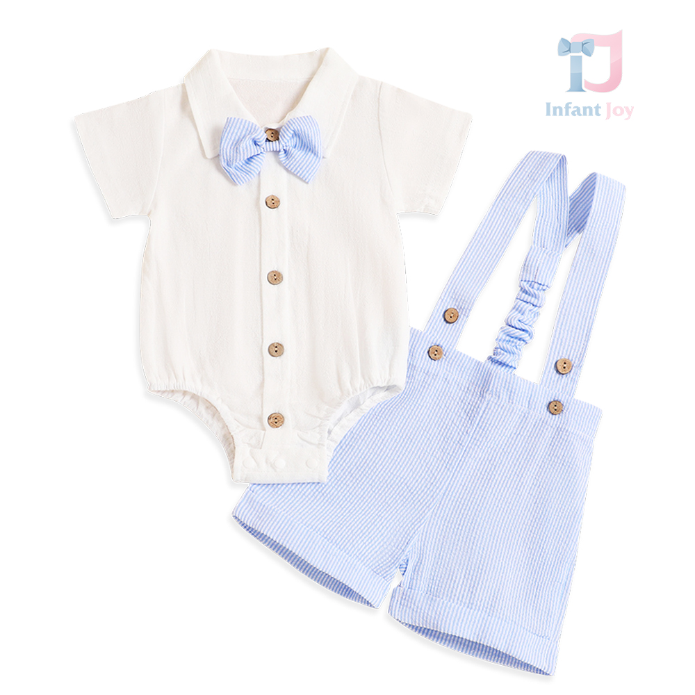 Set de 3 piese elegant din body cu guler clasic, pantaloni cu bretele și papion detașabil Little Hugo Blue