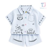Set de 2 piese din in cămașă cu nasturi multicolori și pantaloni scurți Playful Sketch Blue