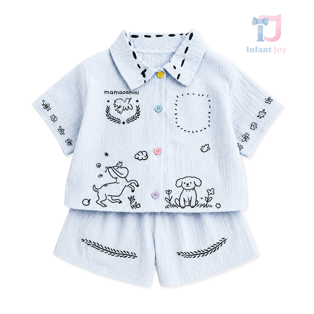 Set de 2 piese din in cămașă cu nasturi multicolori și pantaloni scurți Playful Sketch Blue