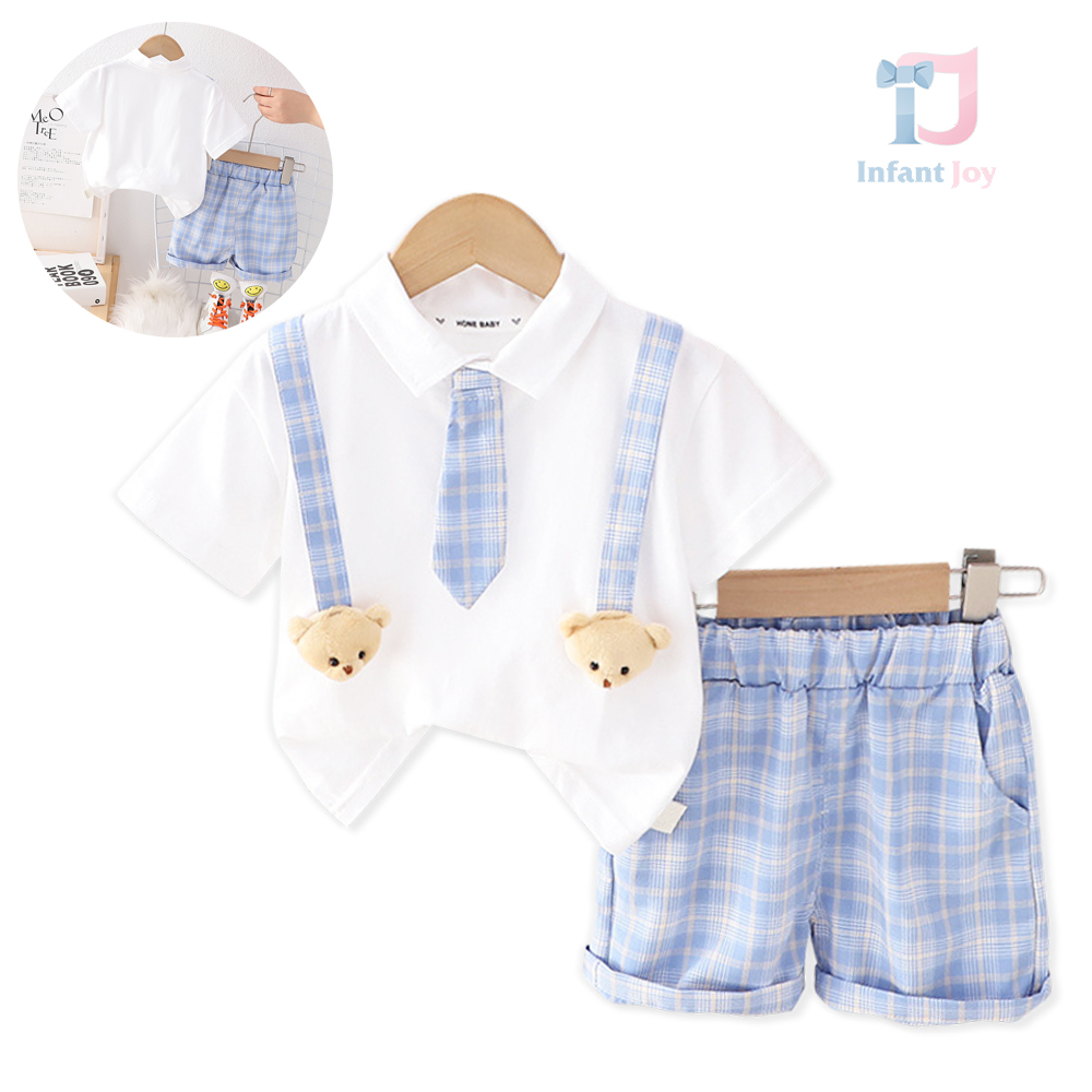 Set de 3 piese sport-elegant din tricou cu elemente 3D ursuleți, pantaloni scurți în carouri și cravată detașabilă Teddy Tie Blue