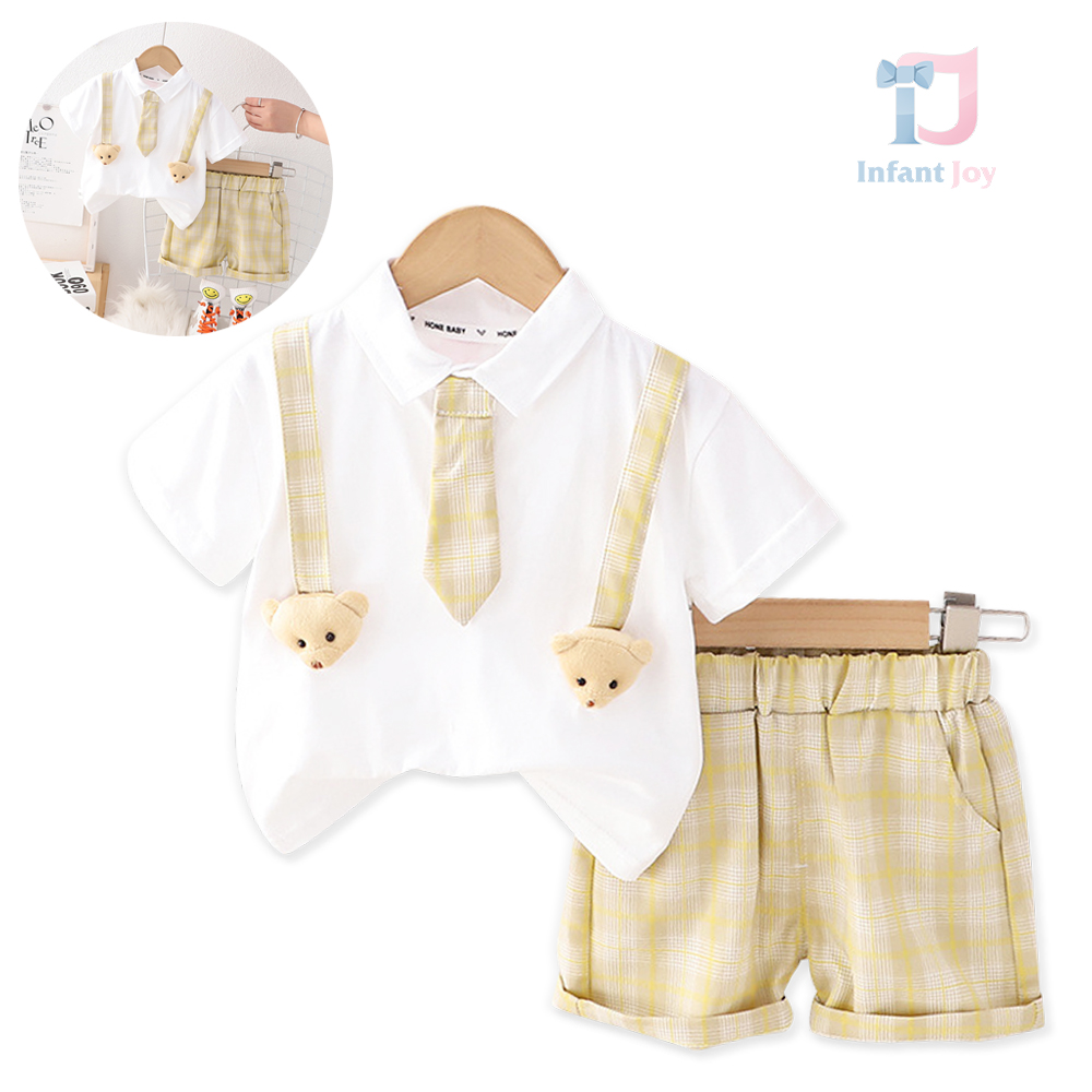 Set de 3 piese sport-elegant din tricou cu elemente 3D ursuleți, pantaloni scurți în carouri și cravată detașabilă Teddy Tie