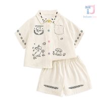 Set de 2 piese din in cămașă cu nasturi multicolori și pantaloni scurți Playful Sketch