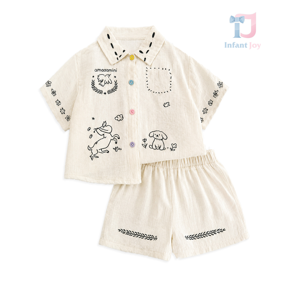 Set de 2 piese din in cămașă cu nasturi multicolori și pantaloni scurți Playful Sketch