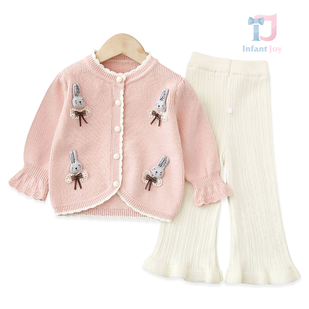 Set de 2 piese din tricot cu vestă, elemente 3D și pantaloni evazați Bunny Pompoms Pink