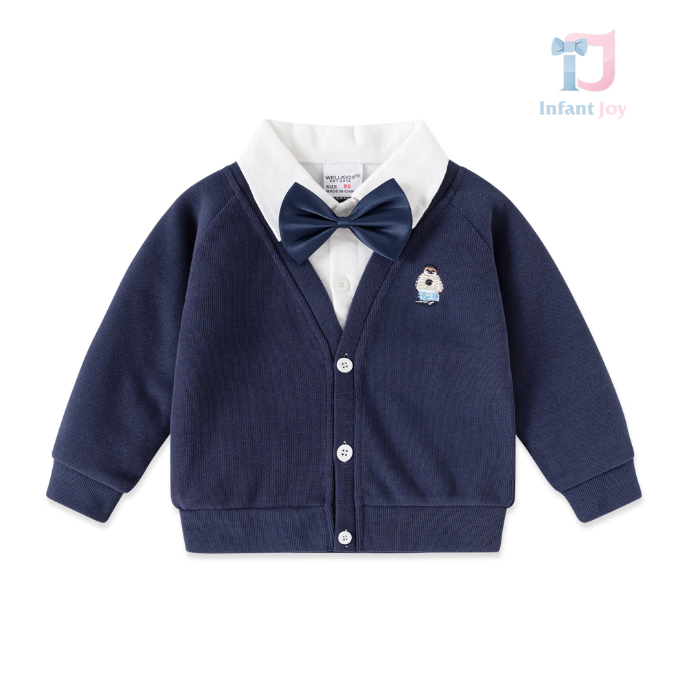 Set de 2 piese vestă din tricot fin cu cămașă cusută, broderie și papion detașabil Tiny Gentleman Navy