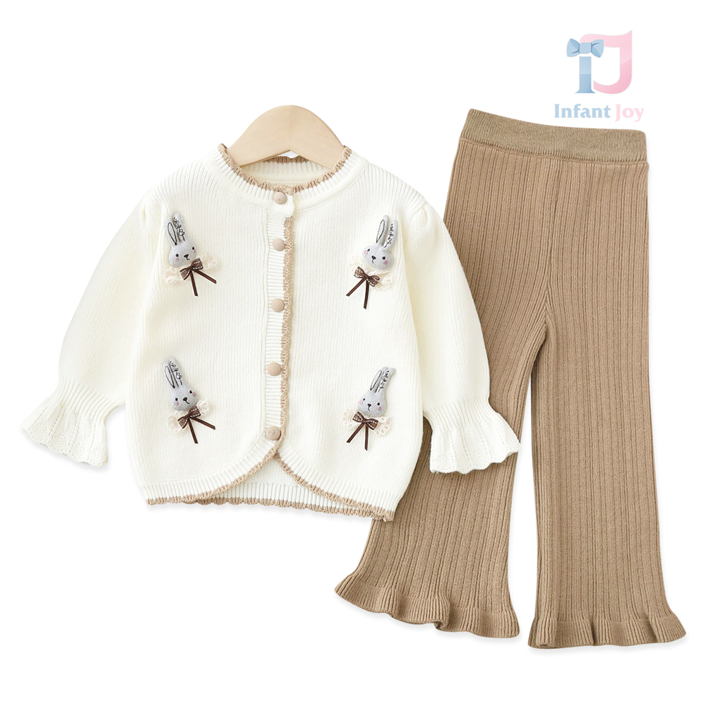 Set de 2 piese din tricot cu cardigan, elemente 3D și pantaloni evazați Bunny Pompoms