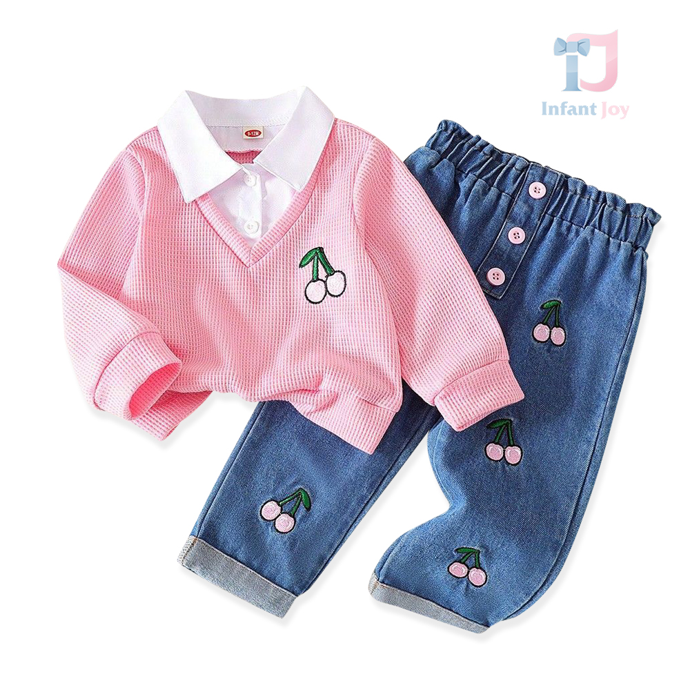 Set de 2 piese cu bluză cu cămașă atașată și pantaloni din denim Cherry Denim