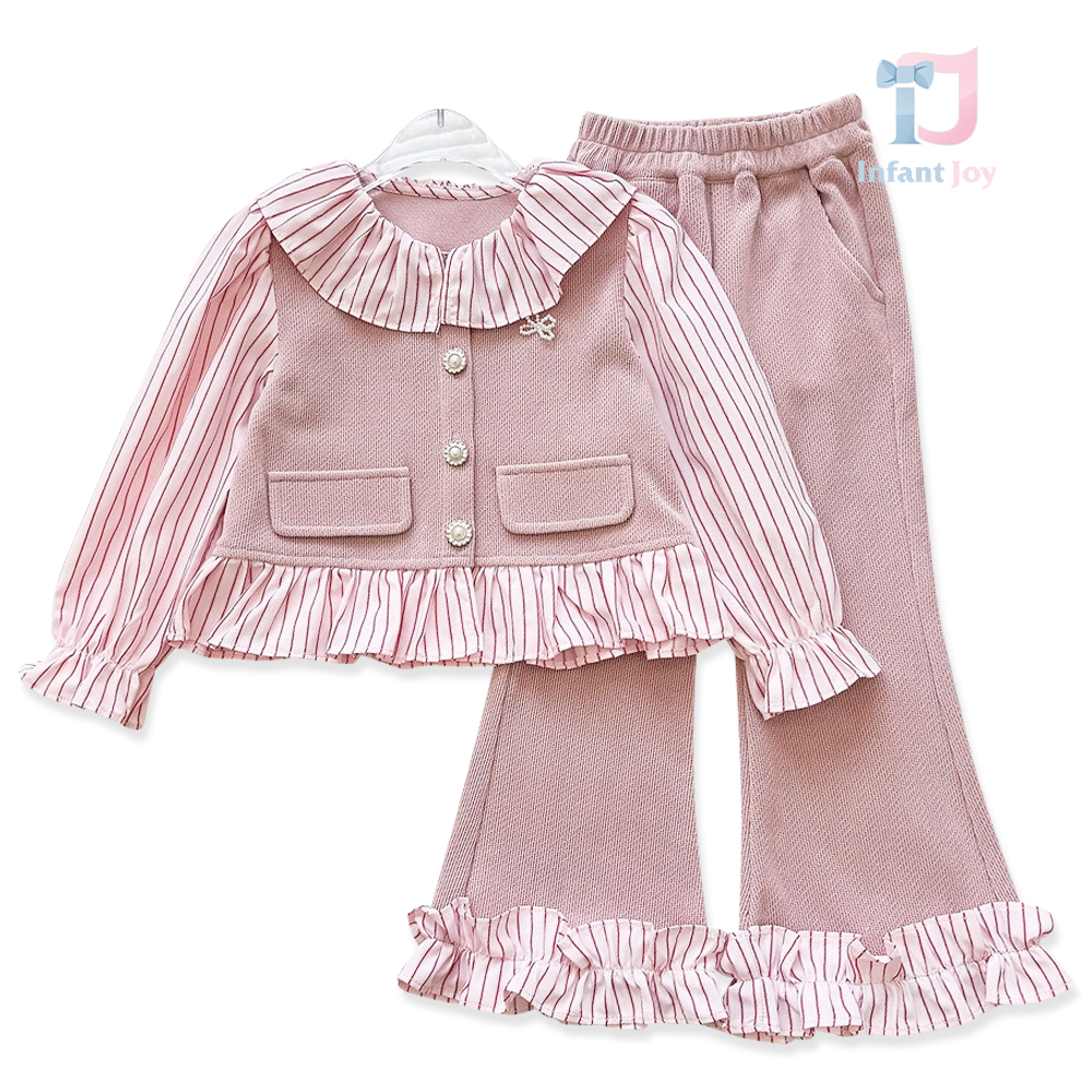 Set de 2 piese cu cămașă cu mânecă bufantă, vestă cusută și pantaloni tip Charleston Classic Ruffles Pink
