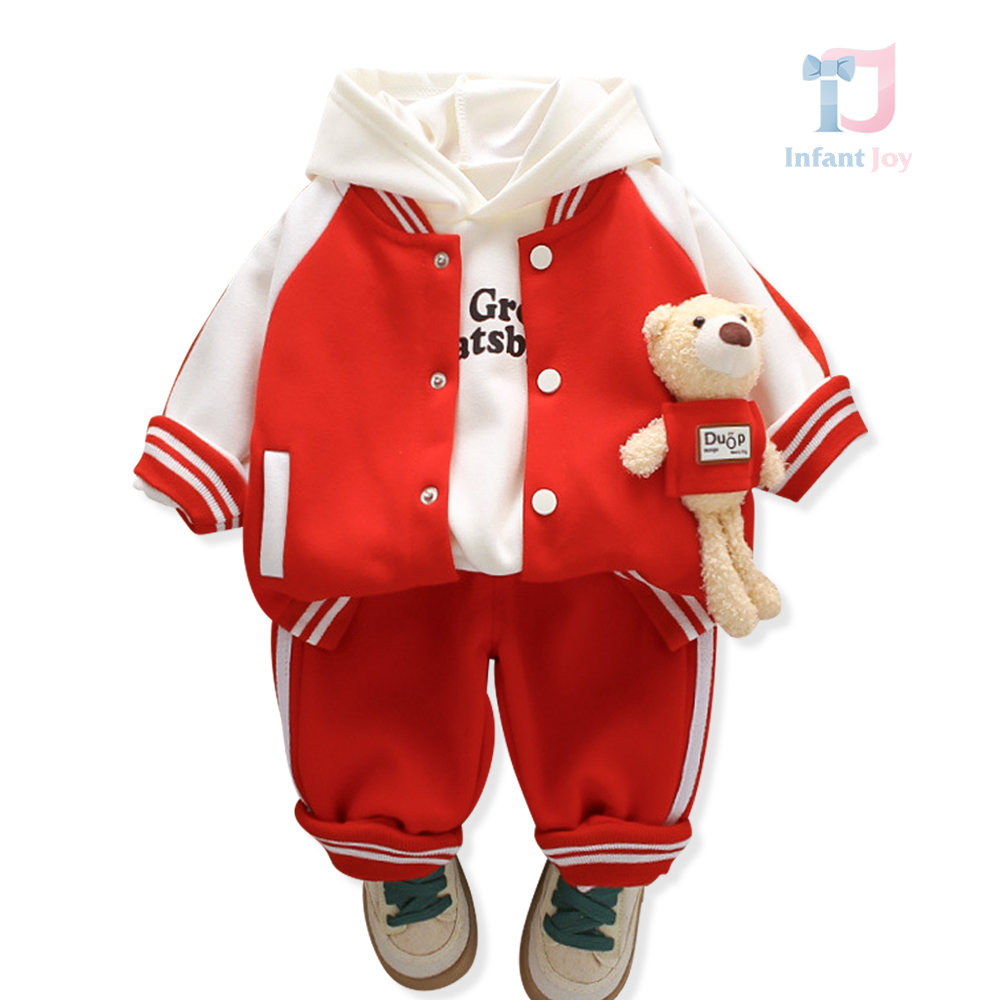 Set de 4 piese geacă/bomber, bluză cu glugă, pantaloni și ursuleț de pluș Teddy Varsity Red