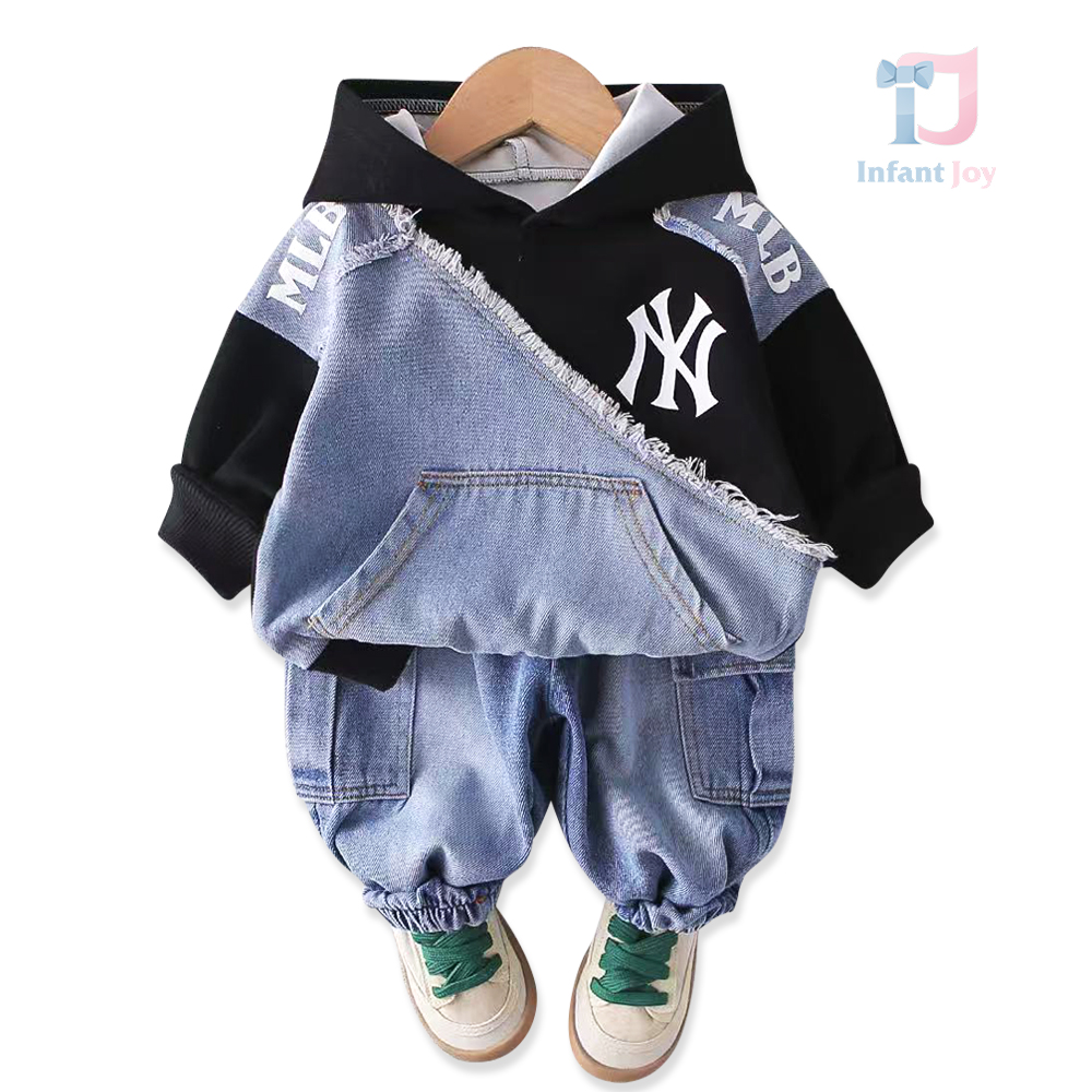 Set modern de 2 piese cu hanorac cu glugă și pantaloni cargo din denim Mix Denim Dark