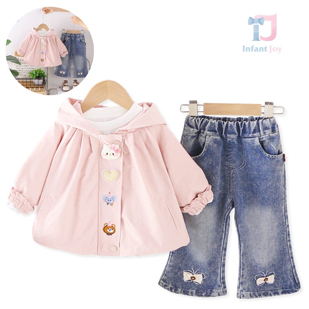 Set de 3 piese din jachetă/windbreaker cu element 3D, broderii, bluză și pantaloni din denim Animal Friends Pink