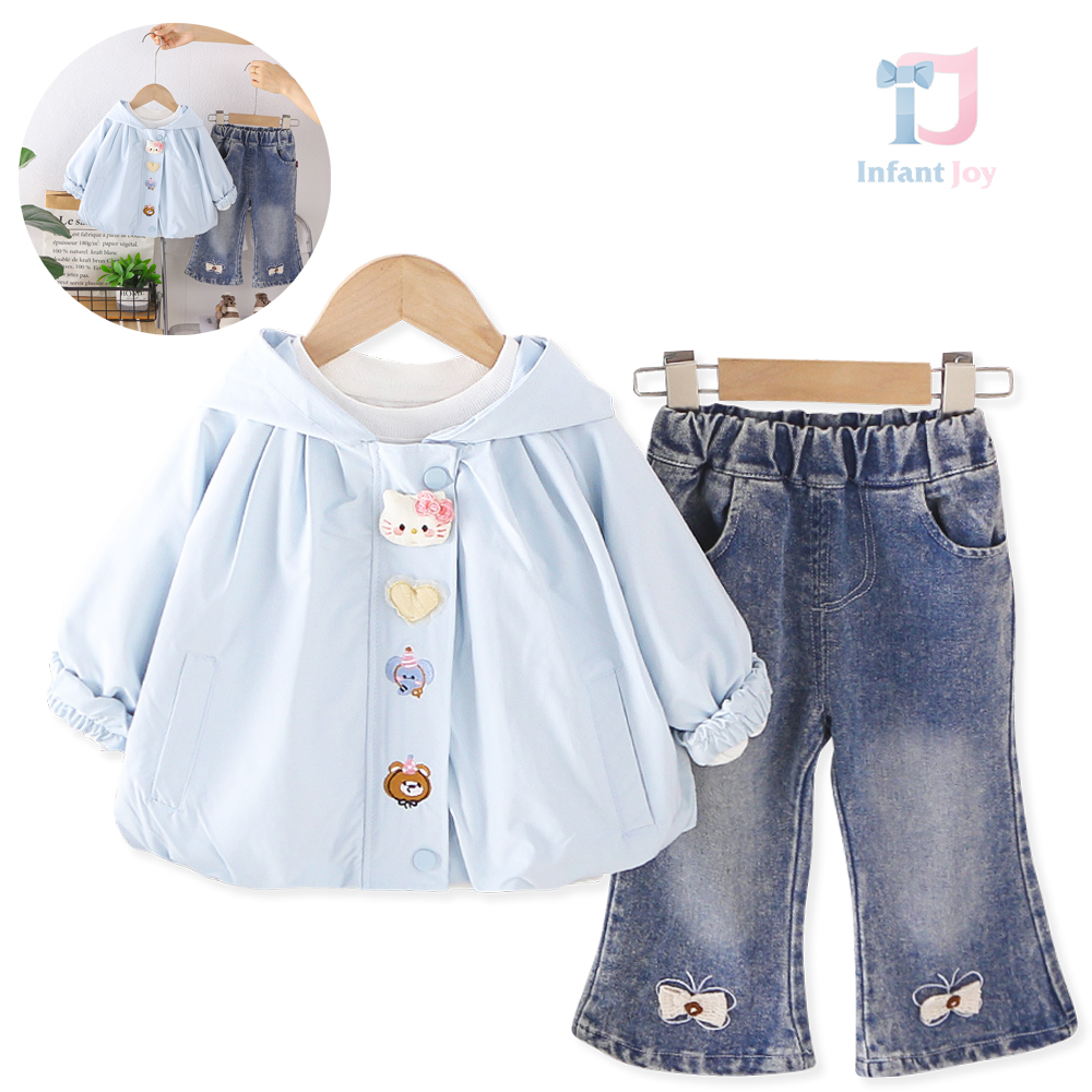 Set de 3 piese cu jachetă/windbreaker cu element 3D, broderii, bluză și pantaloni din denim Animal Friends