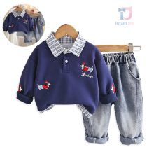 Set de 2 piese sport-elegant din bluză/hanorac cu guler clasic, broderii și pantaloni din denim Bluedogs
