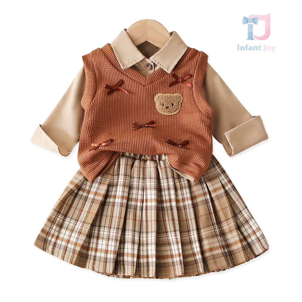 Set de 3 piese din top cu funde 3D, cămașă cu guler clasic și fustă plisată Cocoa Teddy