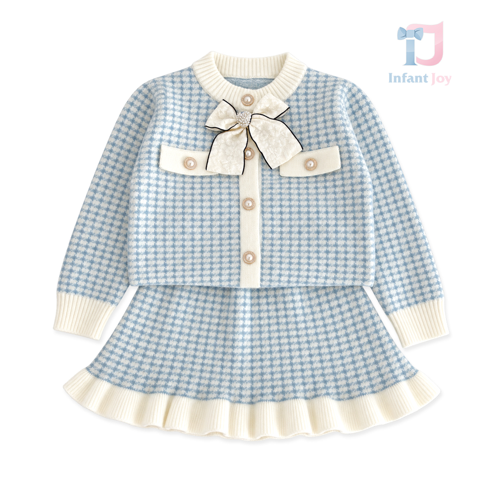 Set Elegant cu Vestă cu Nasturi Perlați, Fundă 3D și Fustă cu Volane Mini Lady Blue – 3 piese