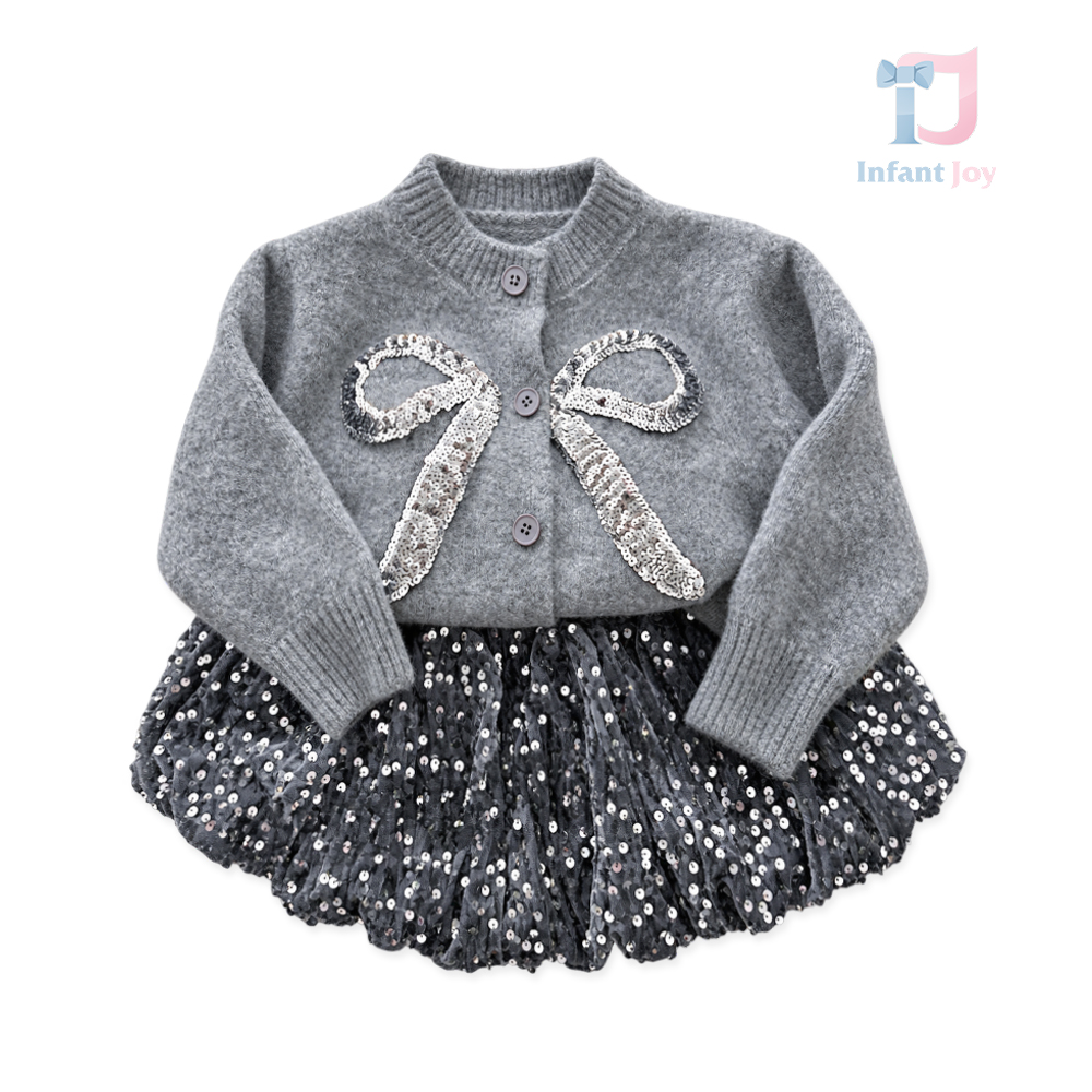 Set de 2 piese premium cu vestă tricotată și fustă cu multe paiete Twinkle Grace Grey