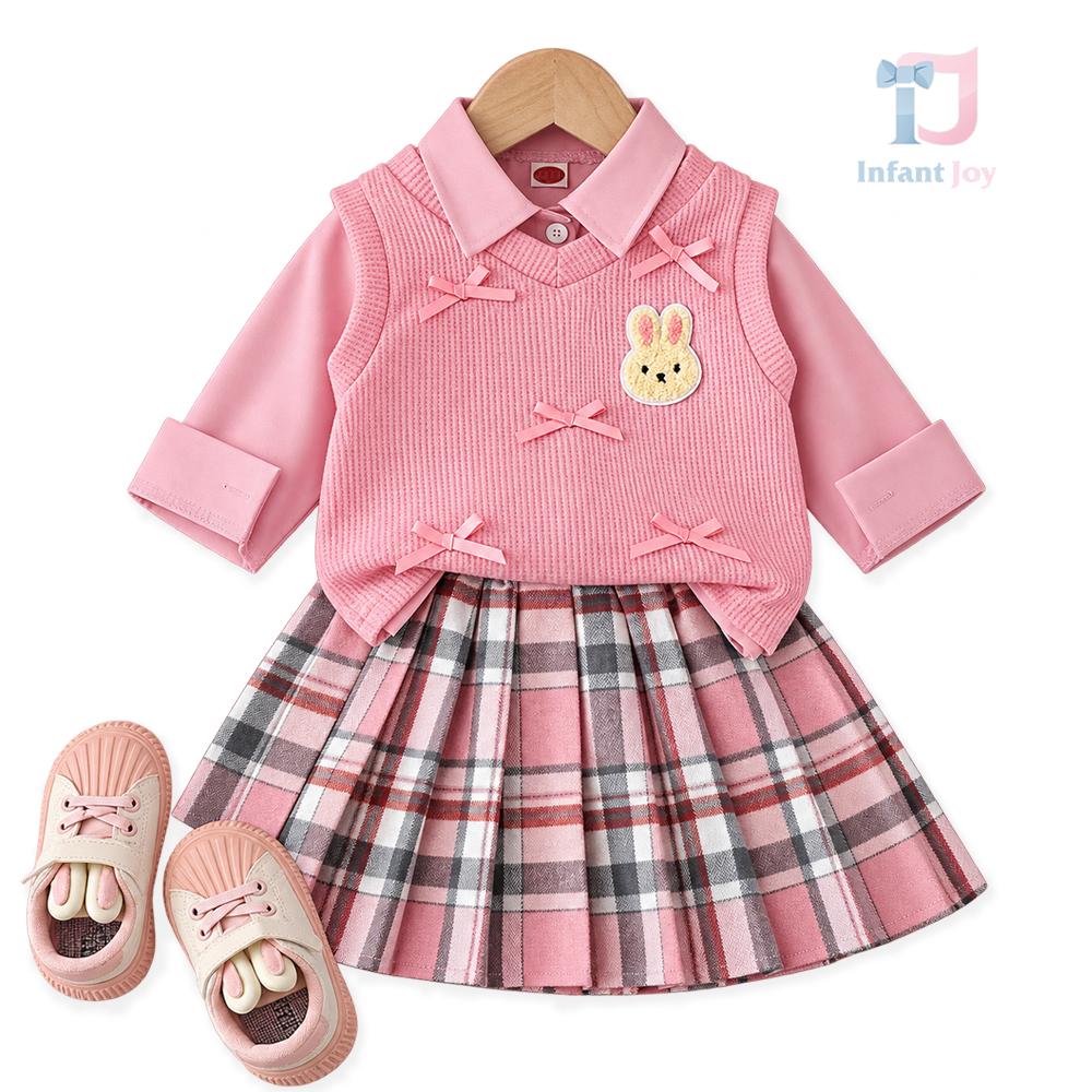 Set de 3 piese: cămașă, vestă cu funde, aplicație iepuraș și fustă plisată în carouri Bunny Check