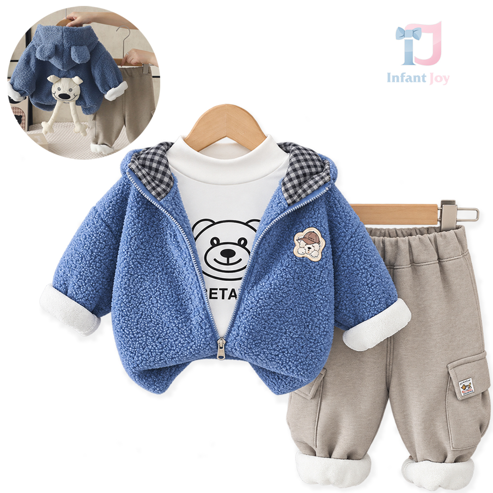 Set de 3 piese cu geacă matlasată pufoasă cu glugă și aplicație 3D, bluză cu imprimeu și pantaloni Bear Steps Blue