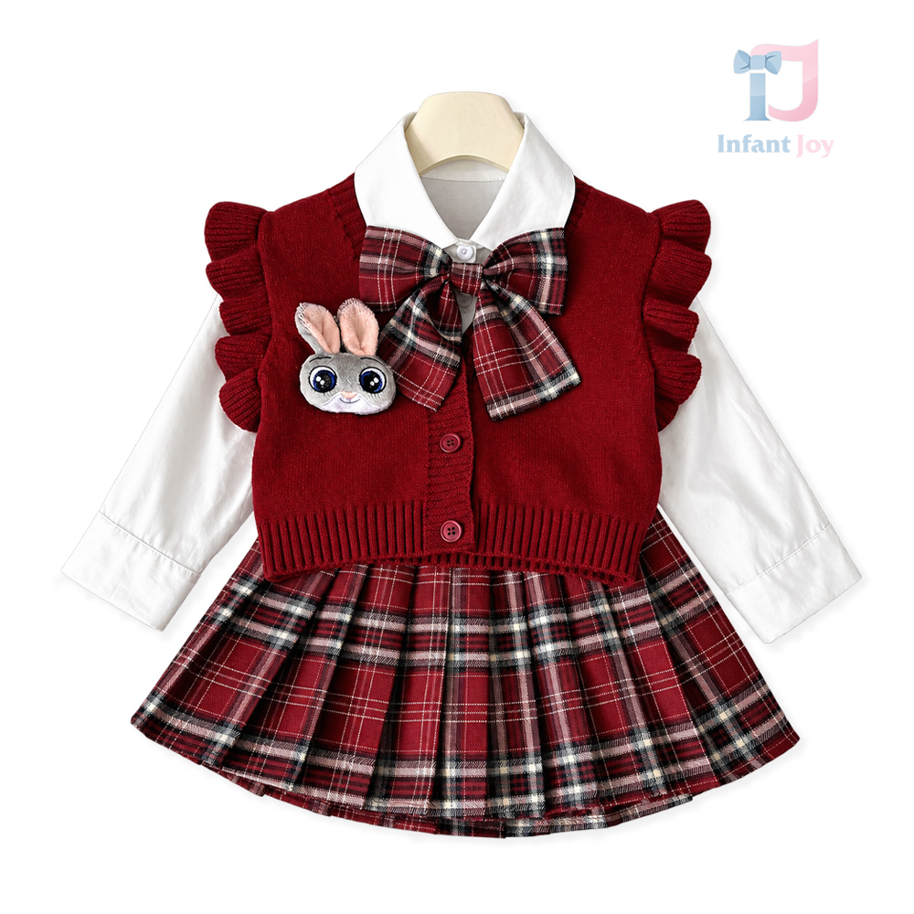 Set de 4 piese premium elegant cu vestă tricotată, cămașă, fustă plisată și fundă detașabilă School Bunny Red