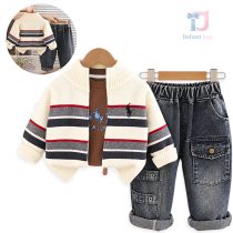 Set de 3 piese cu cardigan tricotat cu fermoar și dungi contrastante, bluză cu imprimeu și pantaloni cargo din denim Urban Scout