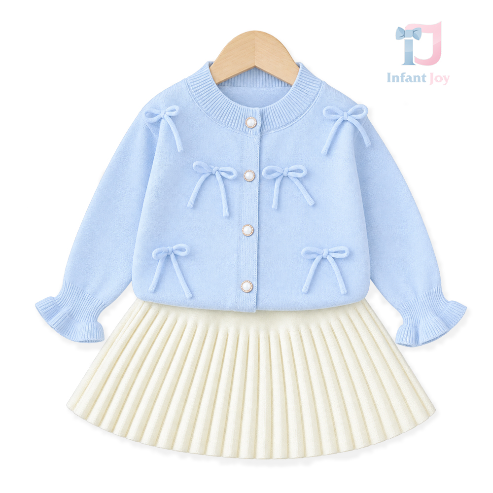 Set de 2 piese tricotat cu cardigan cu funde 3D și fustă plisată Little Bows Blue