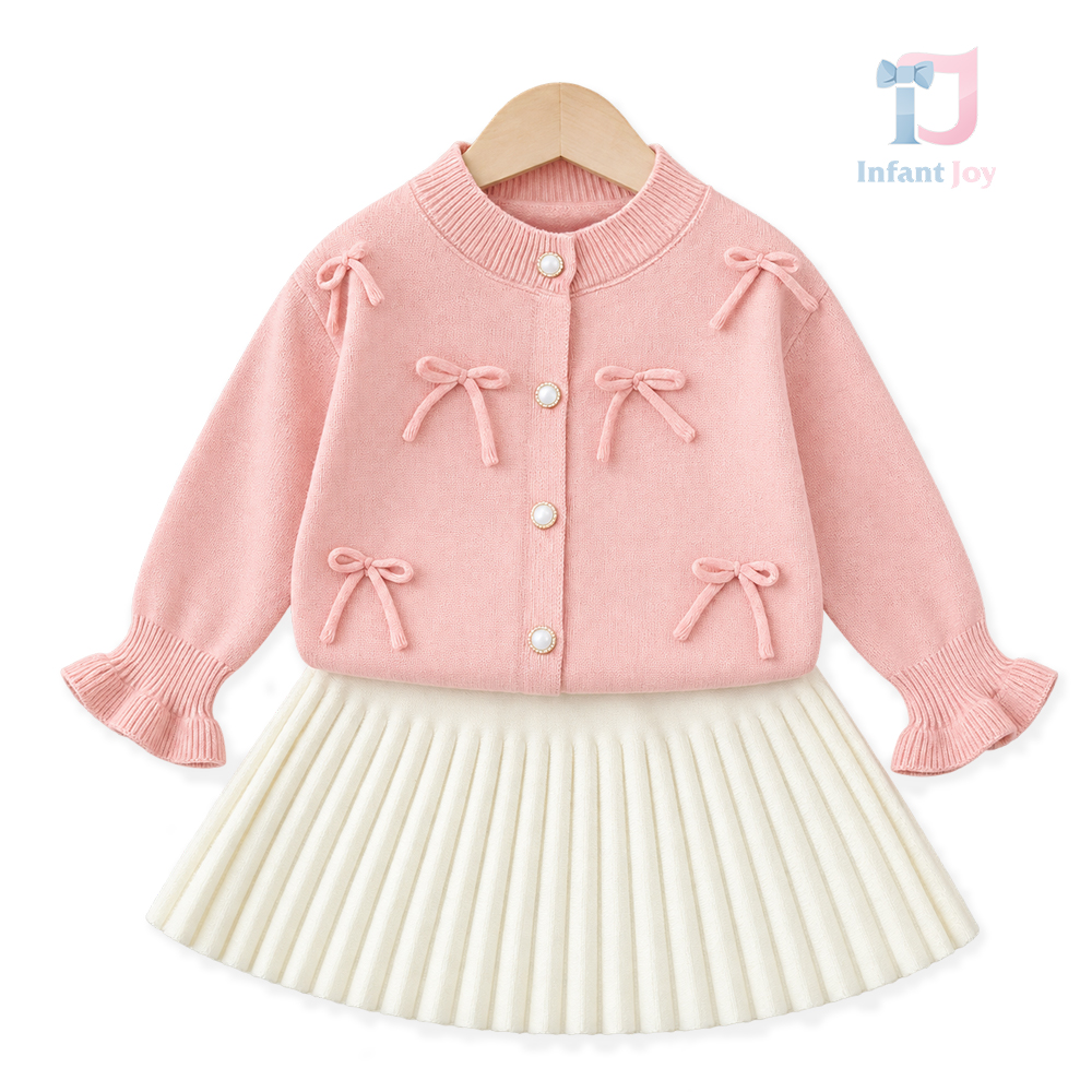Set de 2 piese cu cardigan tricotat cu funde 3D și fustă plisată Little Bows