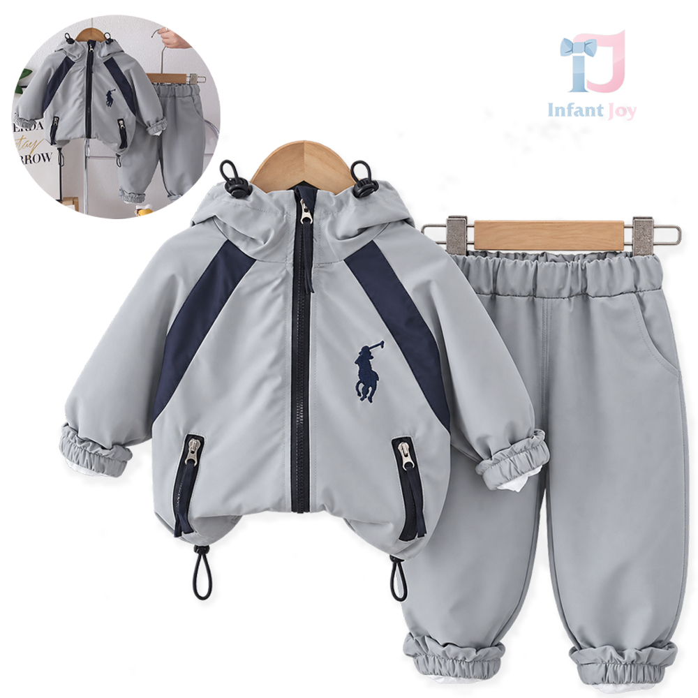 Set de 2 piese din fâș, cu hanorac cu glugă, broderie și pantaloni Peak Rider Grey